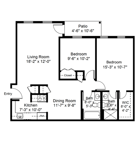 Floor plan for 2 beds, 2 baths, 1000 sqft